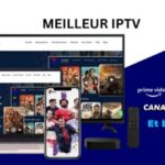 Interface utilisateur du service Meilleur IPTV affichée sur un téléviseur, un ordinateur portable et un smartphone avec des logos de bouquets célèbres