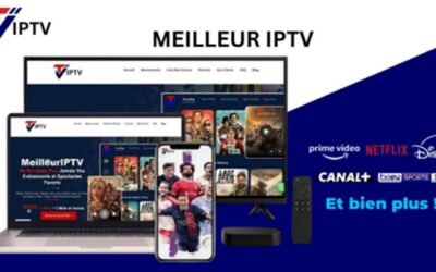 Interface utilisateur du service Meilleur IPTV affichée sur un téléviseur, un ordinateur portable et un smartphone avec des logos de bouquets célèbres