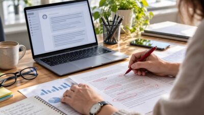 Une personne travaille au bureau, écrivant sur des documents