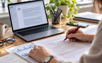 Une personne travaille au bureau, écrivant sur des documents