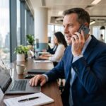 Un homme en costume parle au téléphone dans un bureau moderne