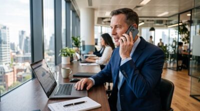 Un homme en costume parle au téléphone dans un bureau moderne