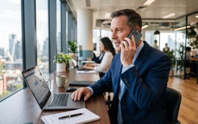 Un homme en costume parle au téléphone dans un bureau moderne