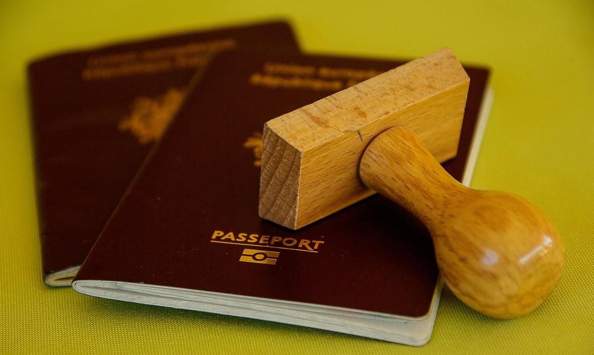 Deux passeports marron avec un tampon en bois posé dessus Deux passeports marron avec un tampon en bois posé dessus