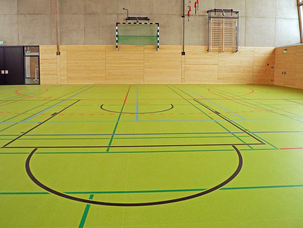 Salle de sport intérieure avec sol vert, lignes de jeu et équipements muraux Salle de sport intérieure avec sol vert, lignes de jeu et équipements muraux